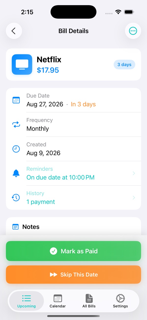 BillRadar bill details with Mark as Paid and Skip This Date